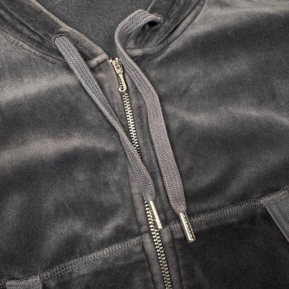 VTG Y2K Juicy Couture Velour Jacket Sz.L Gray Hooded Short Puff Sleeve - Picture 9 of 10